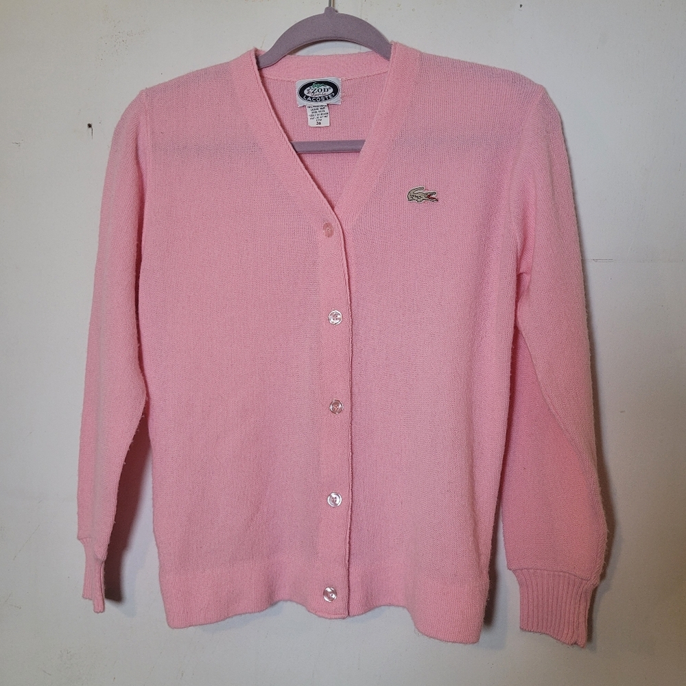 Izod Lacoste Vintage 80s Pink Cardigan Sweater Size 36
